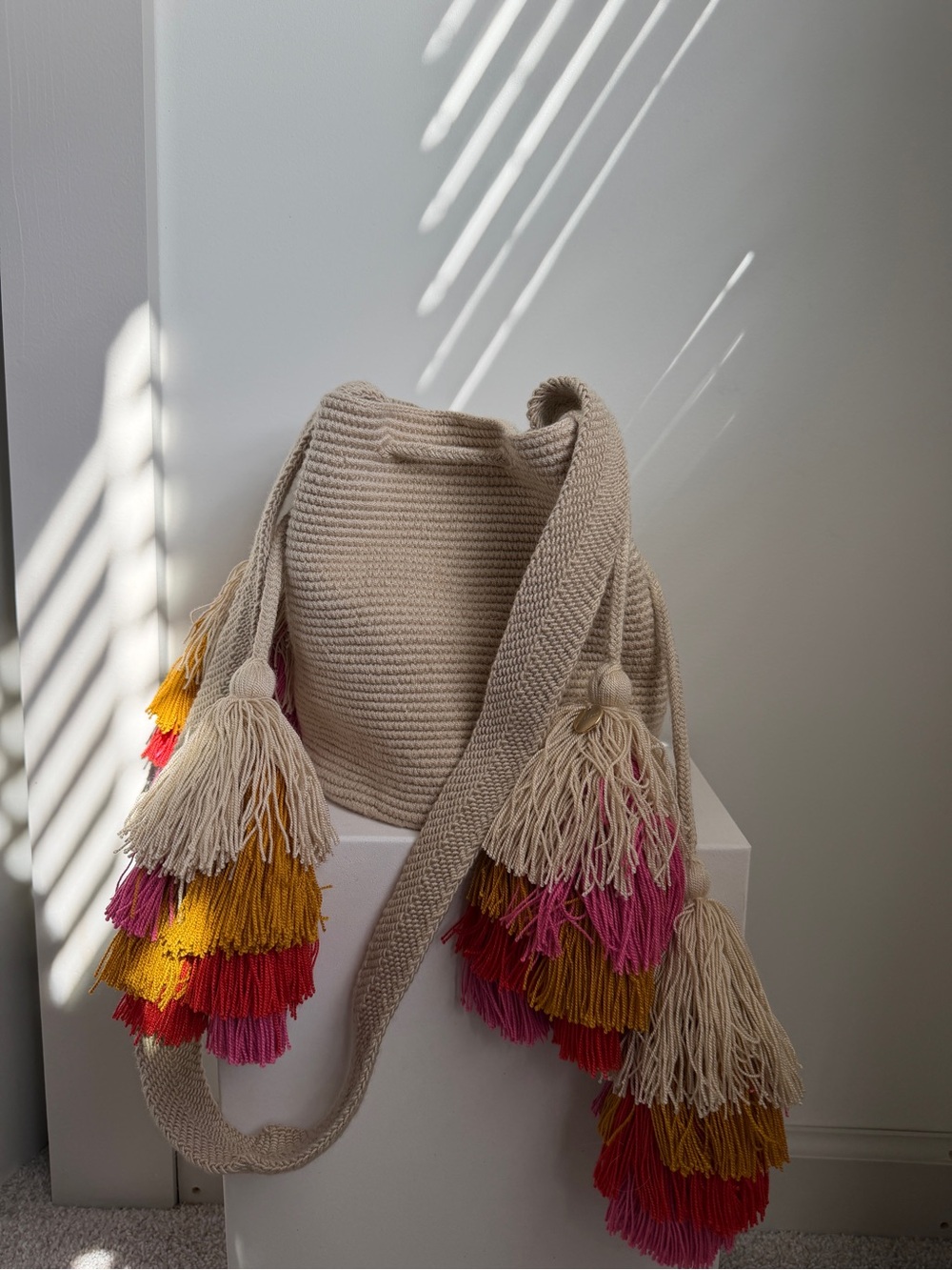 Beige Festival Shoulder Bag with Pink, Yellow and Red Tassels